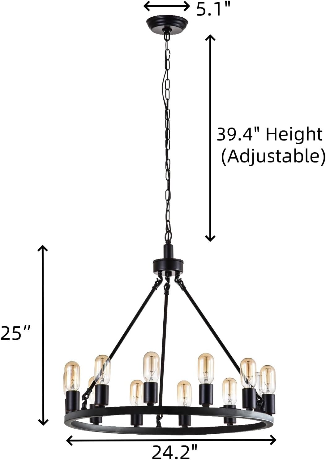 Maxax 24.2" Wagon Wheel Chandeliers, 12-Lights Black Farmhouse Chandeliers Large Rustic Light Fixture Black Round Industrial Hanging Lighting for Living Room, Dining Room, Hallway, Foyer