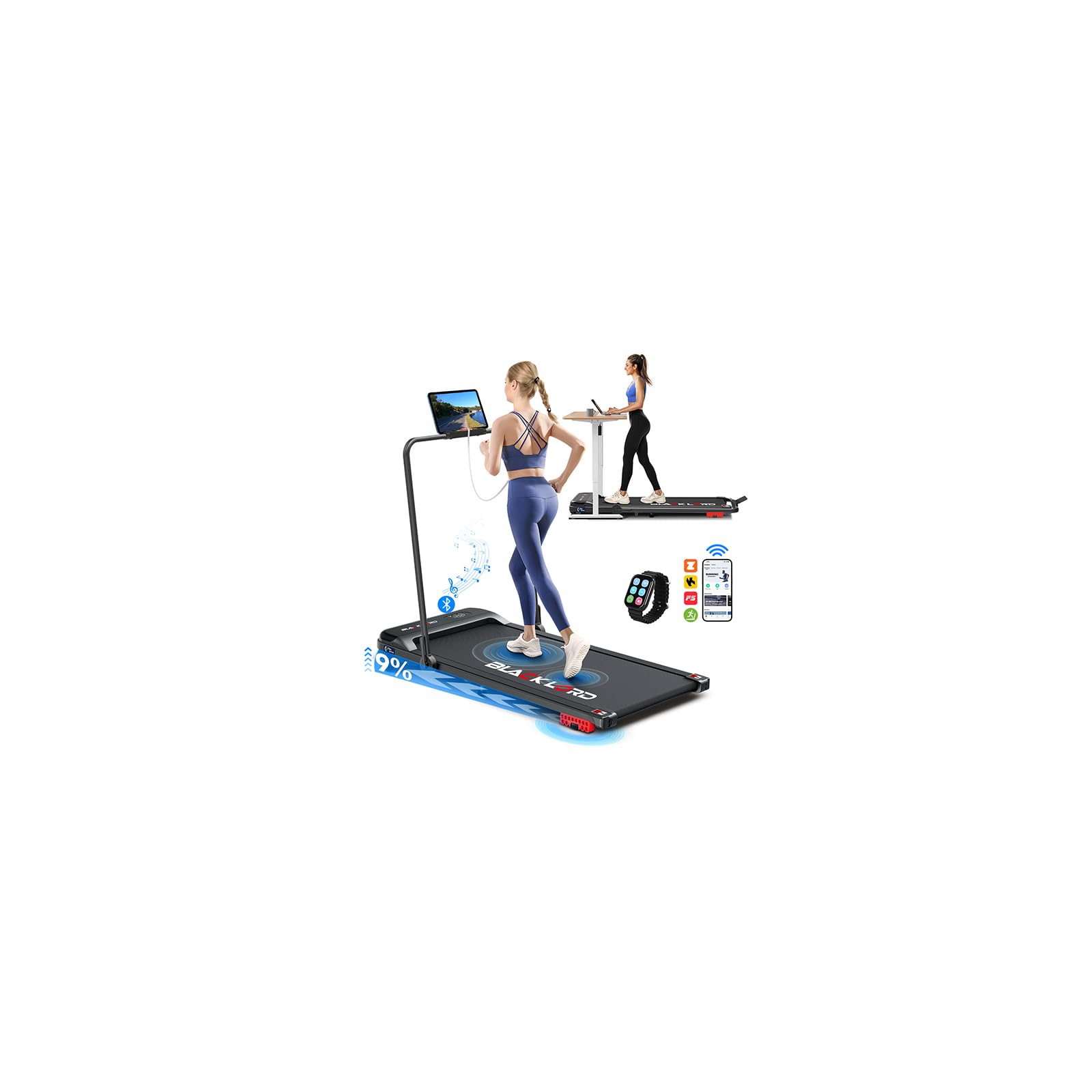 BLACK LORD 3.2HP Portable Walking Pad with Handle, 9% Incline Foldable Under Desk Treadmills for Home, LED Display, 12 Programs, App/Wristband Control, for Walking/Jogging, 140kg Load, 16KM/H, Black