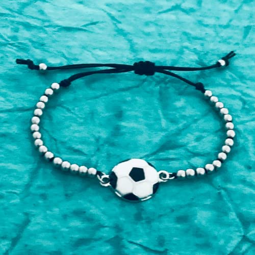 Soccer Bracelet, Soccer Jewelry, Adjustable Silver Beads on Black Strings Soccer Bracelet, Soccer Gifts For Women4
