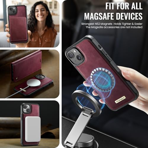 Image of Wallet Case for iPhone 13 Compatible with Magsafe, 2-in-1 PU Leather Flip RFID Blocking Card Holder Stand Shockproof Magnetic Detachable Case for iPhone 13 Case 6.1 inch, Burgundy