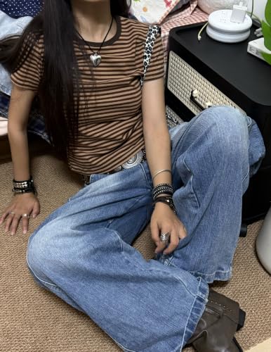 Image of Cute Striped Graphic Tees for Women Y2k Short Sleeve Preppy Teen Crop Tops
