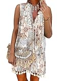 Tomwell Sommerkleid Damen Boho Kleider Elegant Blumen A-Linie V-Ausschnitt 3/4-Arm T-Shirt Kleider Casual Strand Kleider Lose Quaste Tunika I Weiß XXL