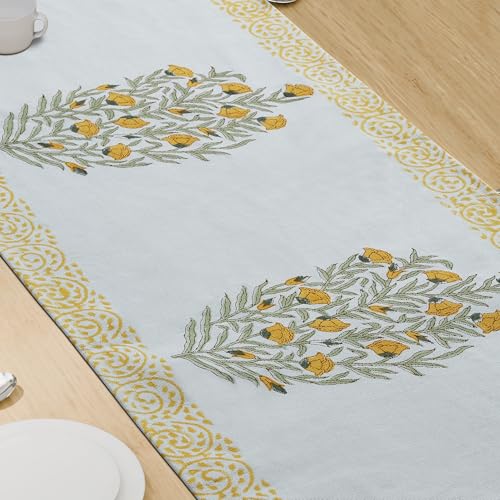 Image of Table Runner 100% Cotton Linen - Spring Block Print Collection - Elegant Boho Vintage Floral Farmhouse Decor - Dining Living Room Kitchen Bedroom - 72 inch 4 - 6 Seater - Yellow Bloom Sicily
