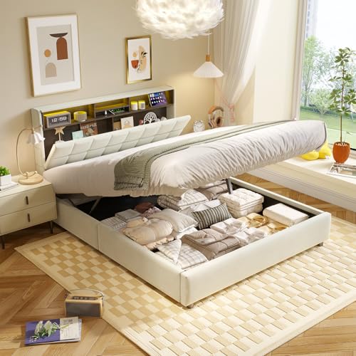 CJHXE Canapé Abatible 160x200 cm con Almacenaje Hidráulico, Cama Queen Size Tapizada con Luces LED, Puerto Type-C y Cabecero, Estructura de Cama Doble con Somier, Beige (Sin Colchón)