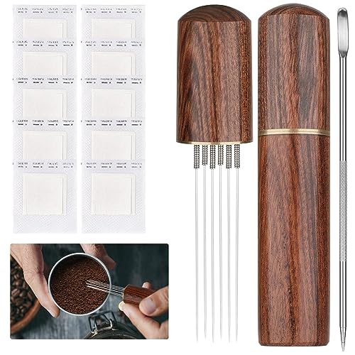 Wdt Verktyg espresso tillbehör barista kaffe portafilter tillbehör, espressonål, kaffedistributör, espressomadibutor, 6 nålar kaffefördelare, med lattenål och flikar kaffefilter (ljusbrun)