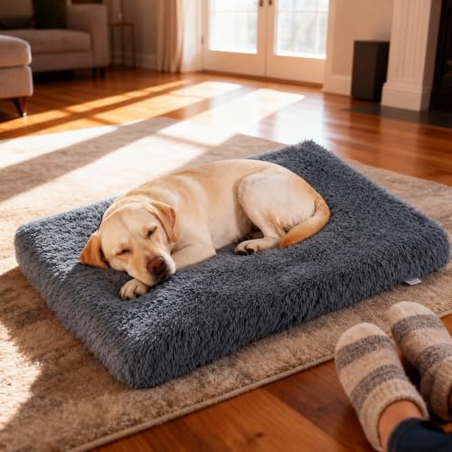 Image of Orthopedic Memory Foam Dog Bed Large Size Crate Pad 41 x 27 Inch Dark Gray | Dual-layer support with removable washable plush cover waterproof liner nonslip base for kennel car and home use up to 85 lb