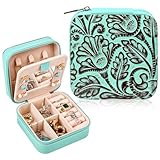 DEEKA Western Jewelry Box Case Real Leather Turquoise and Brown Embossed Tooled Travel Jewelry Organizer Gifts Christmas Gifts for Women Country Girls Cowgirl Stuff Portable Travel Accessories -Green