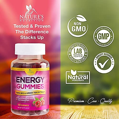 Energy Gummies Vitamin B12, Green Tea & Natural Caffeine Support, Extra Strength 1000 mcg Daily Energy Vitamins, Delicious Berry Flavor Gummy Chewable Supplement for Runners Women & Men - 60 Count - Image 5