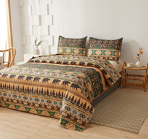 3 Piece Lodge Quilt Set King,Farmhouse Cabin Bedspread Coverlet,Rural Life Rustic Country Home Decor Bedding Set Blanket Grizzly Bears Boho Stripe Patterns Bed Set Bedroom Decoration for All Season - Thumbnail 2