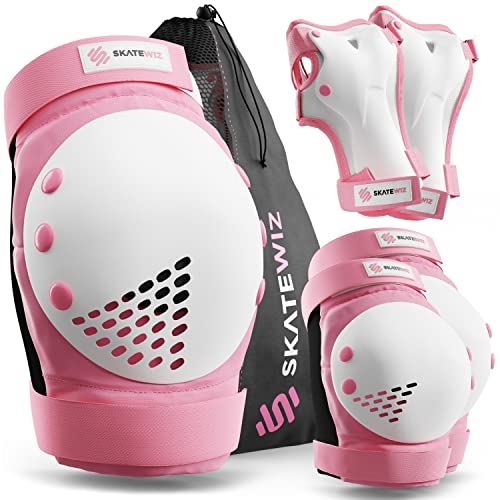 SKATEWIZ Knieschoner Kinder Schoner Inliner Kinder - Knieschützer Inliner Kinder Protektoren Set - Schützer Inline Skates Kinder - Knie und Ellenbogenschützer - SMASH Größe S in Pink Weiß