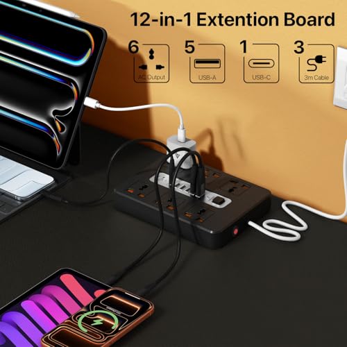 Image of DR VAKU 12in1 2000W Extension Board with 6 Universal Sockets & 5 USB A Ports (18W), 20W Fast PD Type C Charge 2 Meter Heavy Duty Cord Smart Chip Power Strip for Home Office Travel, 220 Volts- Black
