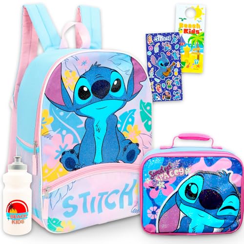 Disney Mochila Stitch e lancheira para meninas – Pacote com mochila de 41 cm, lancheira, garrafa de água, adesivos, mais | Lilo and Stitch mochila escolar e lancheira para crianças