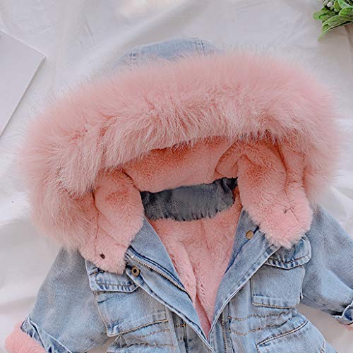 Toddler Girls Faux 𝐅𝐮𝐫 Collar Denim Jacket Hooded Thicken Fleece Lined Jean Coat Winter Hoodie (Pink, 3-4 Years)4