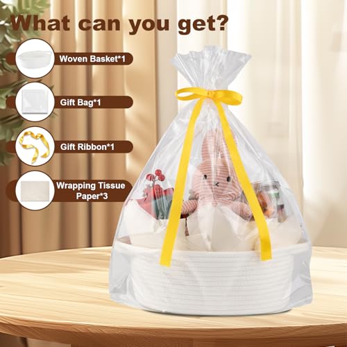 Image of OIAHOMY Gift Basket with Handle, Small Woven Basket with Gift Bag, Ribbon and Wrap Tissue Paper, Nursery Bins Empty to Fill with Small Items, Baby, Pet Toy Organizer - White
