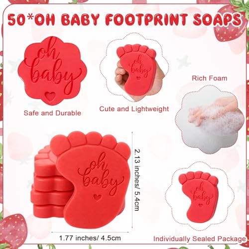 Image of 50 Sets Baby Shower Soap Favors for Guests - Mini Handmade Footprint Scented Soap with Thank You Cards and Organza Bag, Party Gifts for Gender Reveal Baptism(Strawberry,Red)