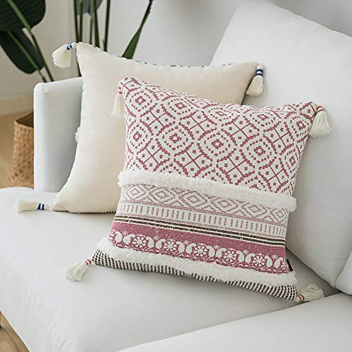 MWMG Boho Kissen,Vintage Beige Kissen Mit Quaste Braun Nordische Baumwolle Kissenbezug Outdoor Marokko Getuftet Geometrie 45X45Cm Kissenbezüge Für Sofa Schlafzimmer Wohnzimmer, Pink Cover