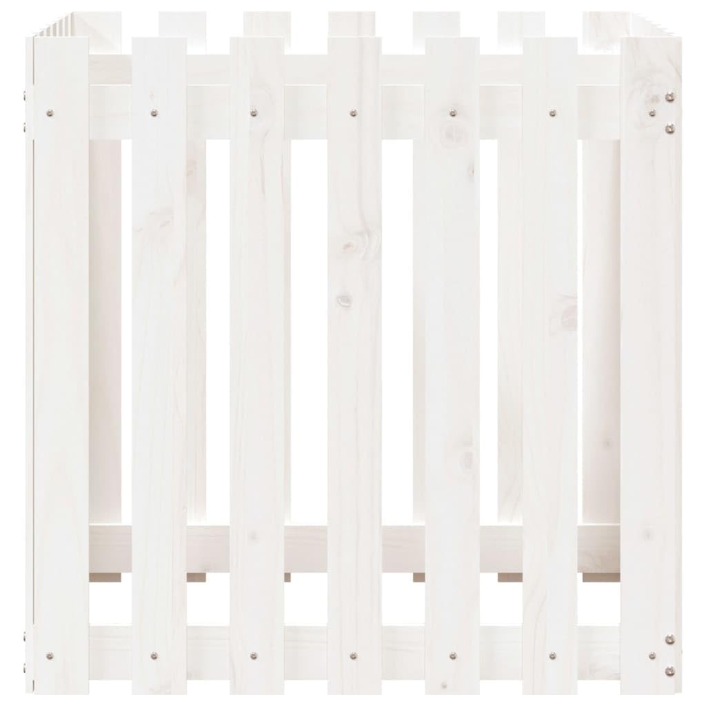 Macetero con diseño de valla de listones, color blanco, 70 x 70 x 70 cm, de madera maciza de pino para flores y plantas, maceta profunda con mucho espacio, uso versátil, material natural