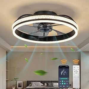 Ltsaeru Modern Indoor Flush Mount Ceiling Fan with Lights, Mute Dimmable LED Low Profile Ceiling Fans with Remote Control, Smart 3 Light Color Change and 6 Speeds for Bedroom Living Room rooms, Black