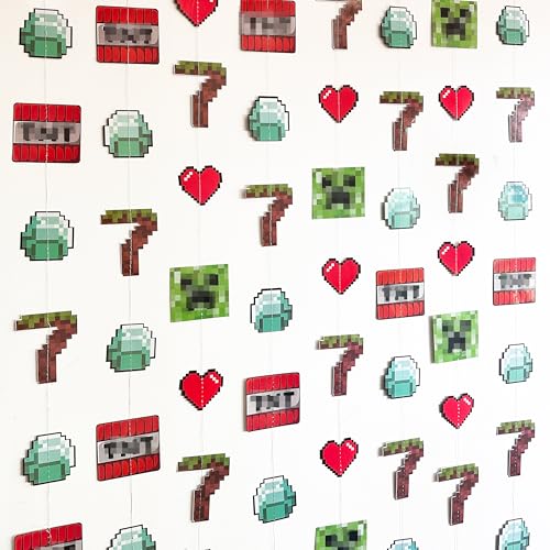Image of 46Ft Pixel 7th Birthday Party Decorations Green Brown Miner Themed Garland Streamer for Boys 7th Mining Craft Birthday Pixel Miner Gamer Cartoon Mining Party Decor Supplies