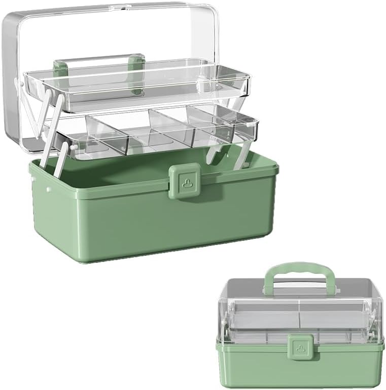 12.9in Three-Layer Multipurpose Storage Box with Handle Portable Tackle Box Folding Art & Craft Case Sewing Supplies Organizer for Makeup, Medicine, Nail, Hair Accessories (Haze Green) 12.9in Three-Layer Multipurpose Storage Box with Handle Portable Tackle Box Folding Art & Craft Case Sewing Supplies Organizer for Makeup, Medicine, Nail, Hair Accessories (Haze Green)