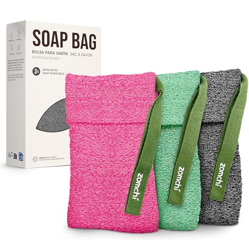 ZOMCHI Confezione da 3 Sacchetti di sapone esfoliante, Spugna esfoliante per il corpo, Contenitori per saponette, Sacchetto per saponette per esfoliazione profonda