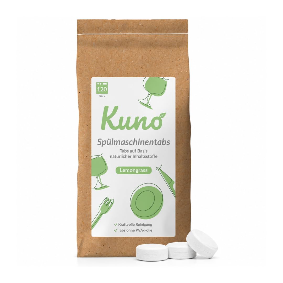 Kuno Tabletki do zmywarki Lemongrass – 120 szt. | Naturalne składniki | Bez folii PVA | Silne działanie czyszczące | Ekologiczne tabletki do zmywarki