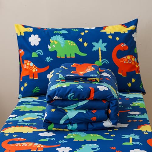 Image of Luxlovery Toddler Comforter Set Dinosaur Printed Boys Kids Boho Bedding Set Bed Set for Dorm 4 Pieces (1 Comforter, 1 Flat Sheet, 1 Fitted Sheet, 1 Pillowcase)