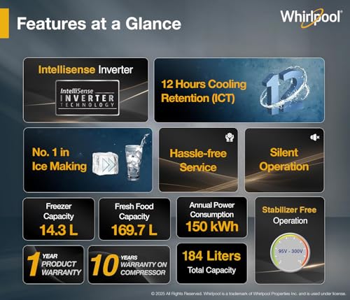 Image of Whirlpool 184 L 5 Star Direct-Cool Single Door Refrigerator with Intellisense Inverter Compressor (205 WDE ROY 5S INV SAPPHIRE SERENA -Z1)