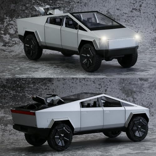Image of 1 /24 Tesla Cybertruck Diecast Metal Toy Truck with Lights and Sounds, Mini Vehicle for Boys Ages 3 and Up, Realistic Design, Fun Educational Play, for Kids and Collectors (Silver)