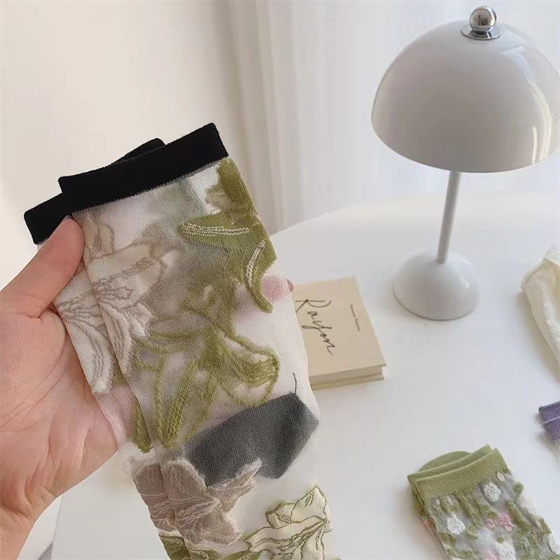 6 Pairs Vintage Sheer Socks, Cute Floral Thin Socks, Mesh Lace Elastic Jacquard Glass Silk Socks for Women Girls4