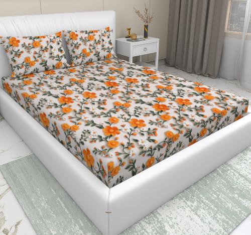 Image of DECORUM 300TC Glace Cotton Elastic Fitted King Size Bedsheet (72''X78'') with 2 Pillow Covers | Soft & Comfortable Cotton Feel | Fits Upto 8'' Mattress | Orange Blossom Garden