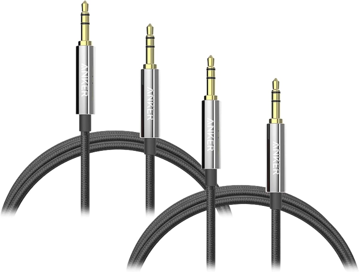 Powerline 3.5mm Audio Cable 4ft, Premium Aux Cord with Gold-Plated Connectors, Tangle-Free Durable Stereo Cable for Car, Headphones, Speakers, and Home Audio - 2-Pack