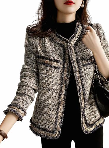 Image of Women's Fashion Tweed Jackets Button Down Cropped Short Cardigan Open Front Long Sleeve Casual Outerwear Sweaters