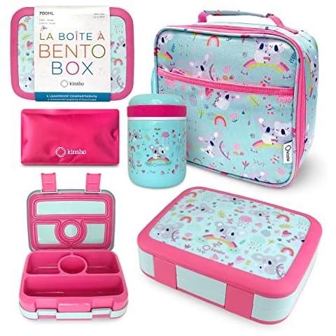 kinsho Bento Lunch Box for Kids with Thermal Food Jar for Hot Food Soup, Insulated Lunch Bag and Ice Cold Pack Set, Stainless Steel Lunch Thermal, Container Boxes with 4 Compartments, Koala Cover