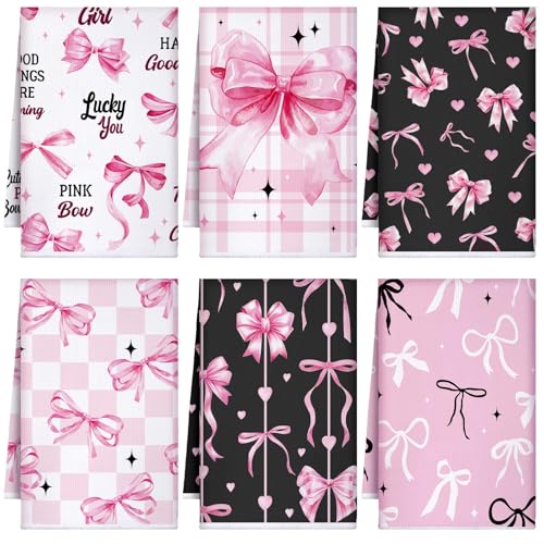 Image of Bencailor 6 Pcs Pink Bow Kitchen Towels Decorative Sets Dish Towels Absorbent Fast Drying Hand Tea Vintage Hanging Reusable Cleaning Dishcloths for Cooking Farmhouse Bathroom Accessory