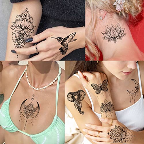 Image of VANTATY 64 Sheets Tribal Vintage Black Lotus Temporary Tattoos for Women Girls, Bohemia Mandala Flower Fake Sleeve Tattoos for Adults Owl Moon