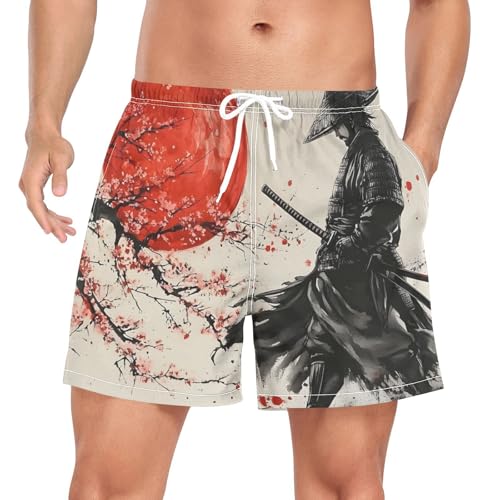Mens Swim Trunks with Liner, Vintage Japanese Samurai Cool Quick Dry Beach Swim Shorts, Swimwear Bathing Suits S
