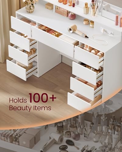 Image of VASAGLE Kailyn Collection - Vanity Desk with Tri-Fold Mirror, Makeup Table with 11 Bulbs, Power Outlets, 9 Drawers, 3 Colors, Tool-Free Drawer Slides Assembly, Cloud White URDT146WB03S