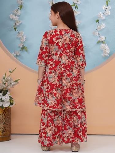 Image of Preneum Girls's Cotton Rayon Gota Pati Floral Printed Angrakha Kurta with Sharara