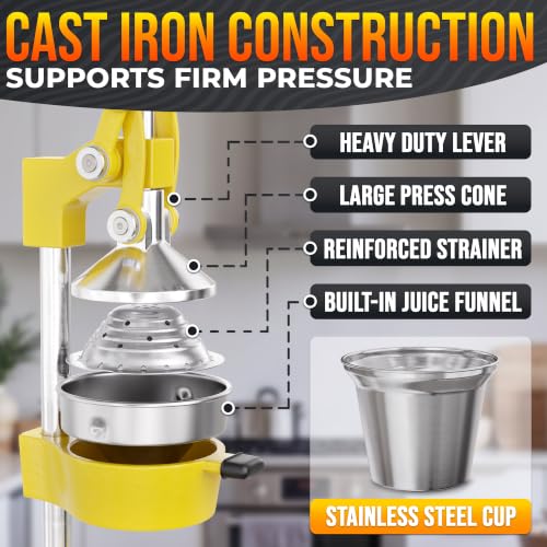 Image of Cast Iron Juicer Hand Press, Heavy-Duty Squeezer (Yellow) | Lever Manual Citrus Press Juicer & Orange Squeezer for Lemon, Lime & Lemonade; Steel Cone & Strainer; for Home or Bar