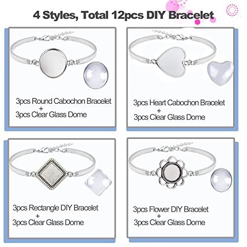 Golesmiy 12Pcs Bracelet Bezel Trays For Jewelry Making, Round/Flower/Rectangle/Heart Cabochon Bezel Tray Blank Bracelet Bangles Jewelry Bezel Base With Clear Glass Cabochons #TOP2