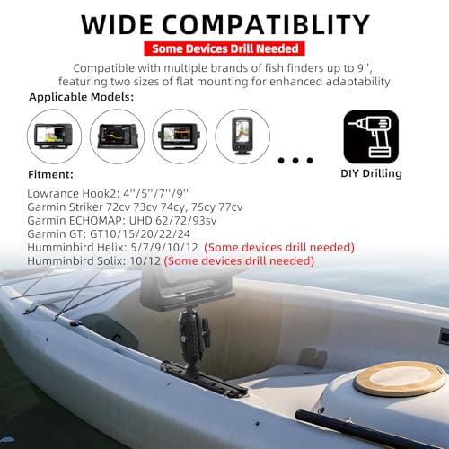 Image of HITORHIKE Kayak Fish Finder Mount with Transducer Arm Options Holds up to 9 inch Electronics Compatible with Garmin Lowrance Humminbird(Track Mount Base Set)