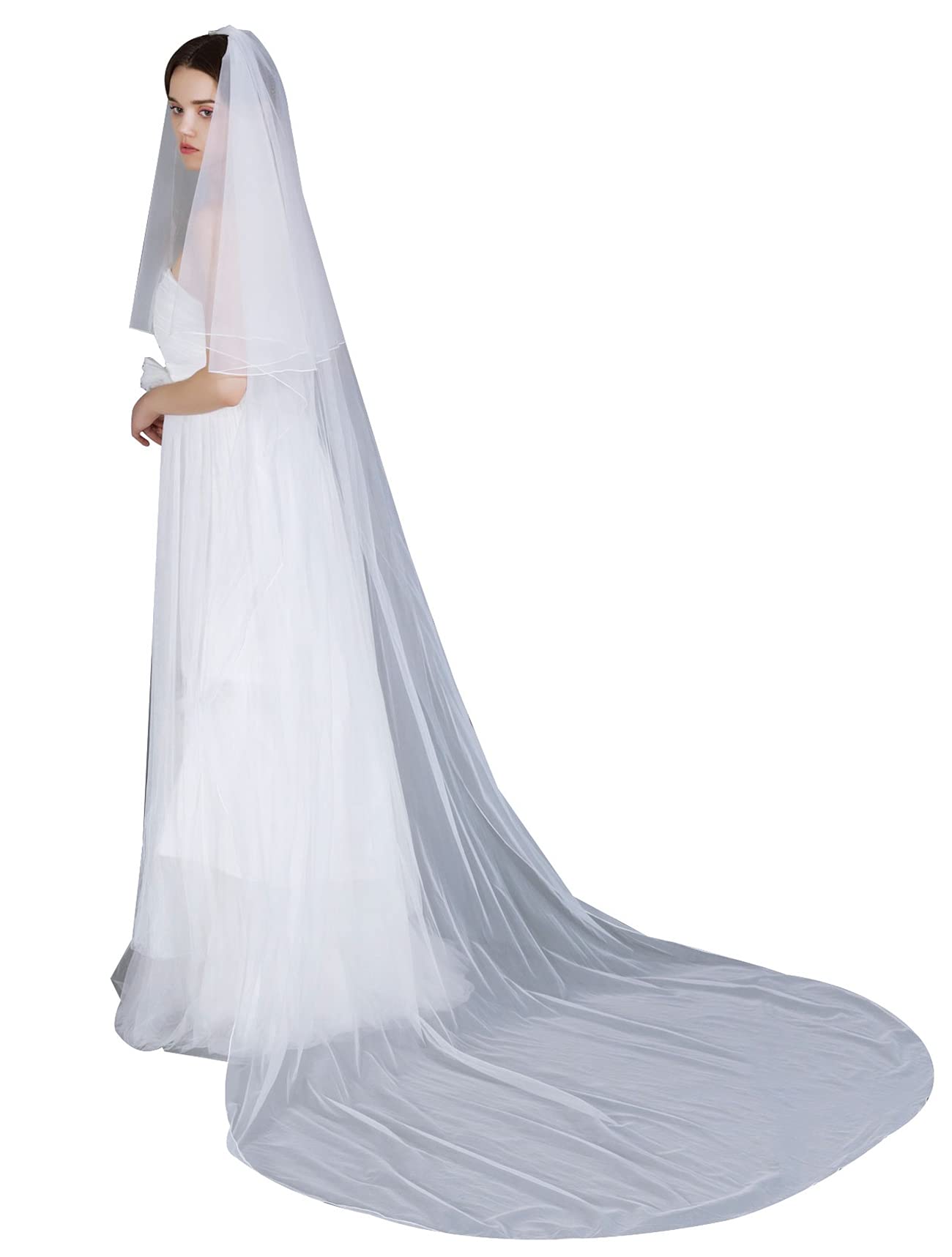 Beautelicate Women's White Wedding Bridal Veil Long Trailing 2 Tier Cathedral Length Drop Blusher Veil With Metal Comb Ivory Simple Pencil Edge