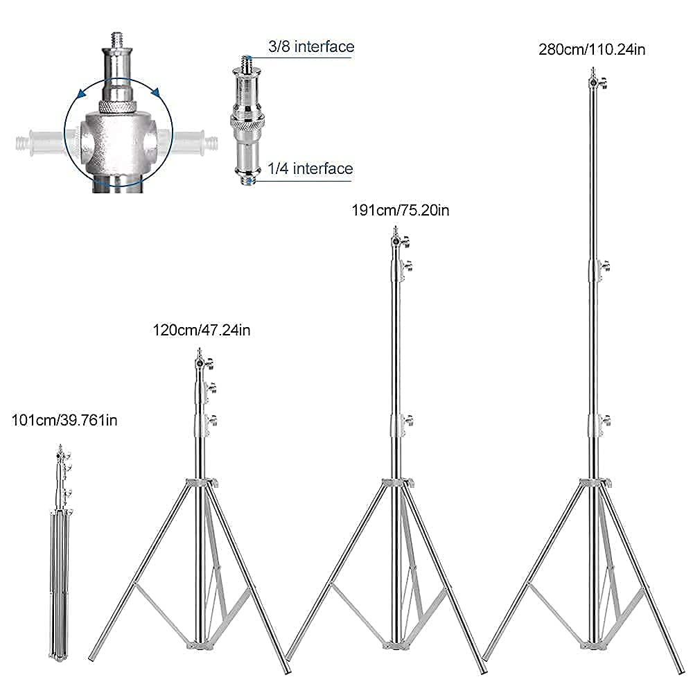 Soporte de luz de Acero Inoxidable para fotografía, Soporte de trípode Resistente Acolchado con Resorte, 2,8 m, 2 Paquetes de Soportes Profesionales de Estudio de fotografía