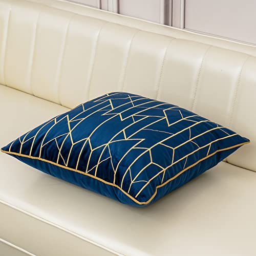 Aeckself 20 X 20 Inch Luxury Navy Blue Gold Plaid Geometric Lines Embroidery Velvet Cushion Case Luxury Modern Square Throw Pillow Cover Decorative Pillow For Couch Living Room Bedroom Car 50 X 50Cm #TOP2