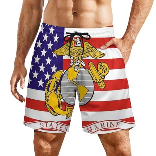 Mens Marine Corps Military Flag Swim Trunks Pockets Beach Board Shorts Drawstring Swimsuit with Mesh Lining