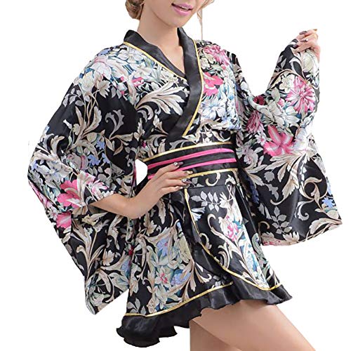 HongH Women's Japanese Anime Kimono Costume Short Lolita Maid Uniform Yukata Halloween Outfit (16# Black)