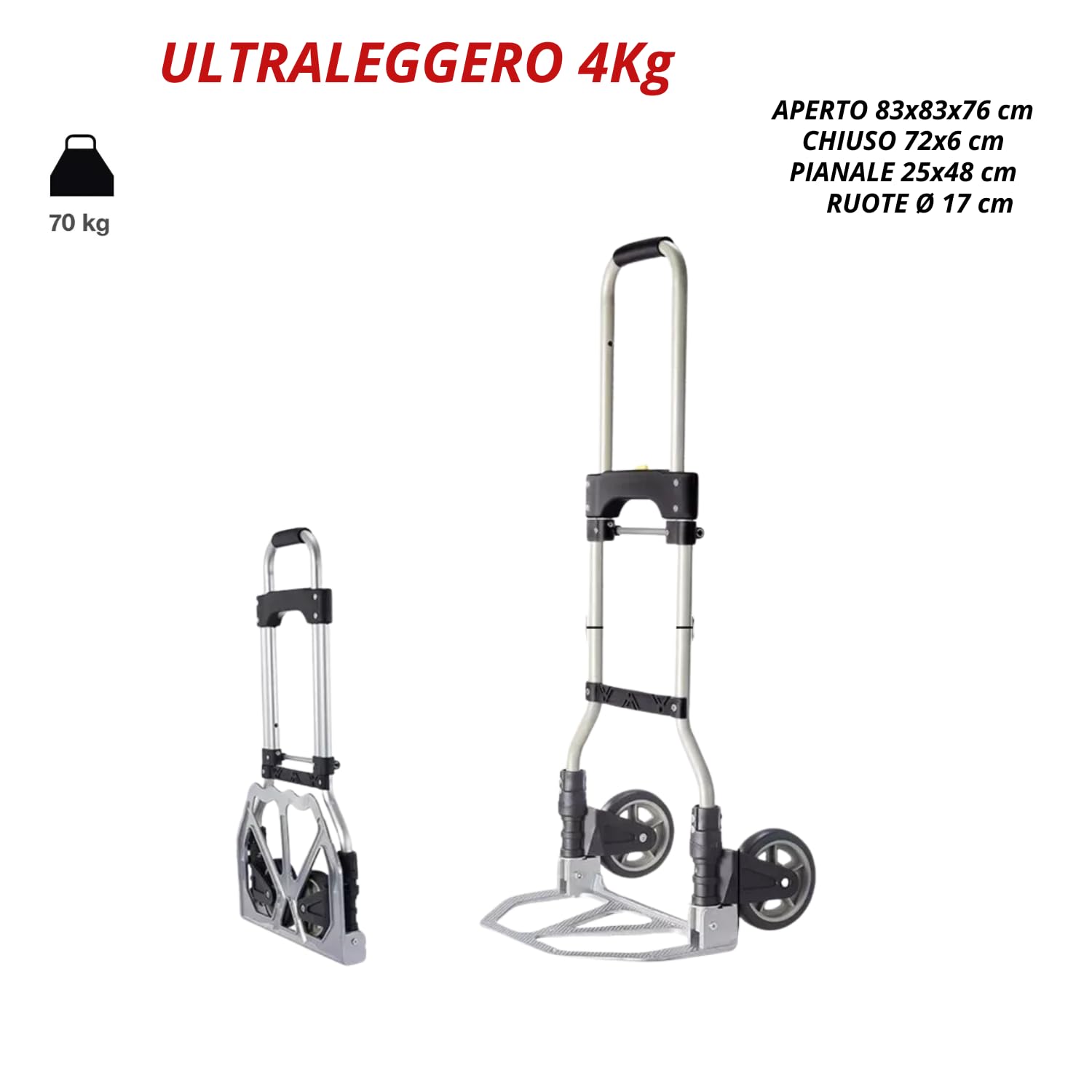 Carrello Ruote Trasporto Portatutto Pieghevole Acciaio Portapacchi Portata 70 Kg Maniglie Antiscivolo Richiudibile Salvaspazio