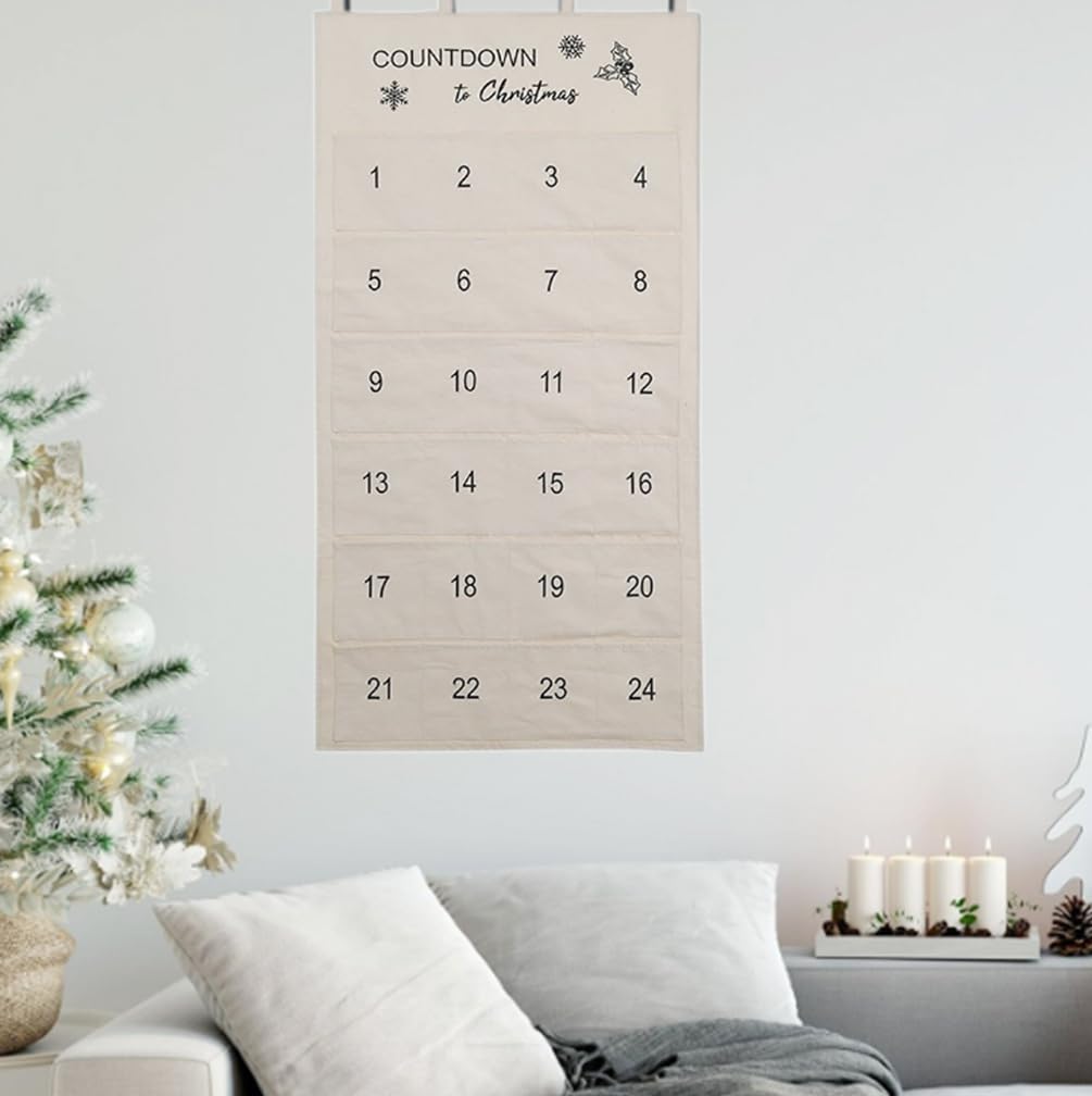 Calendrier De L'Avent En Tissu Réutilisable Avec 24 Pochettes à Remplir Soi-même - Déco Murale Festive Pour Enfant, Comptage Avant Noël
