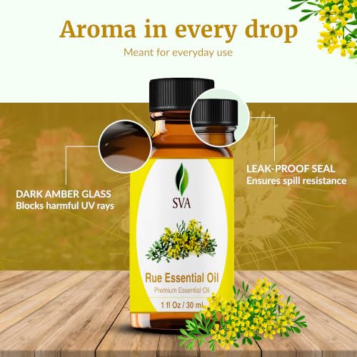 Image of SVA Rue Essential Oil, Glass Bottle with Dropper, 1 Fl Oz (30 ml) | Rue Essential Oil for Diffuser, Skin Care, Hair Care, Massage, Soap Making, Candle Making, Home Fragrance & DIY Blending